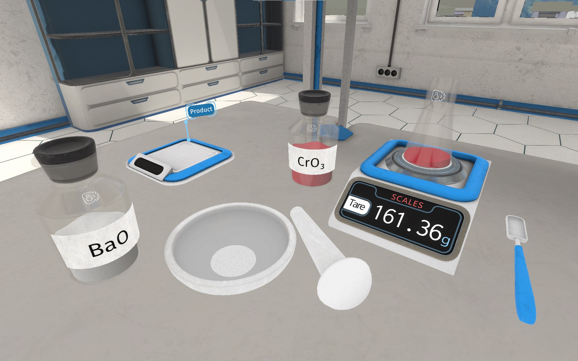 Mörser, Waage und Chemikalien BaO CrO3 im VR-Labor
